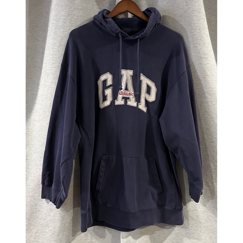 Vintage GAP Athletic Classic Hoodie XL Navy Blue Applique Spell Out Pullover 90s